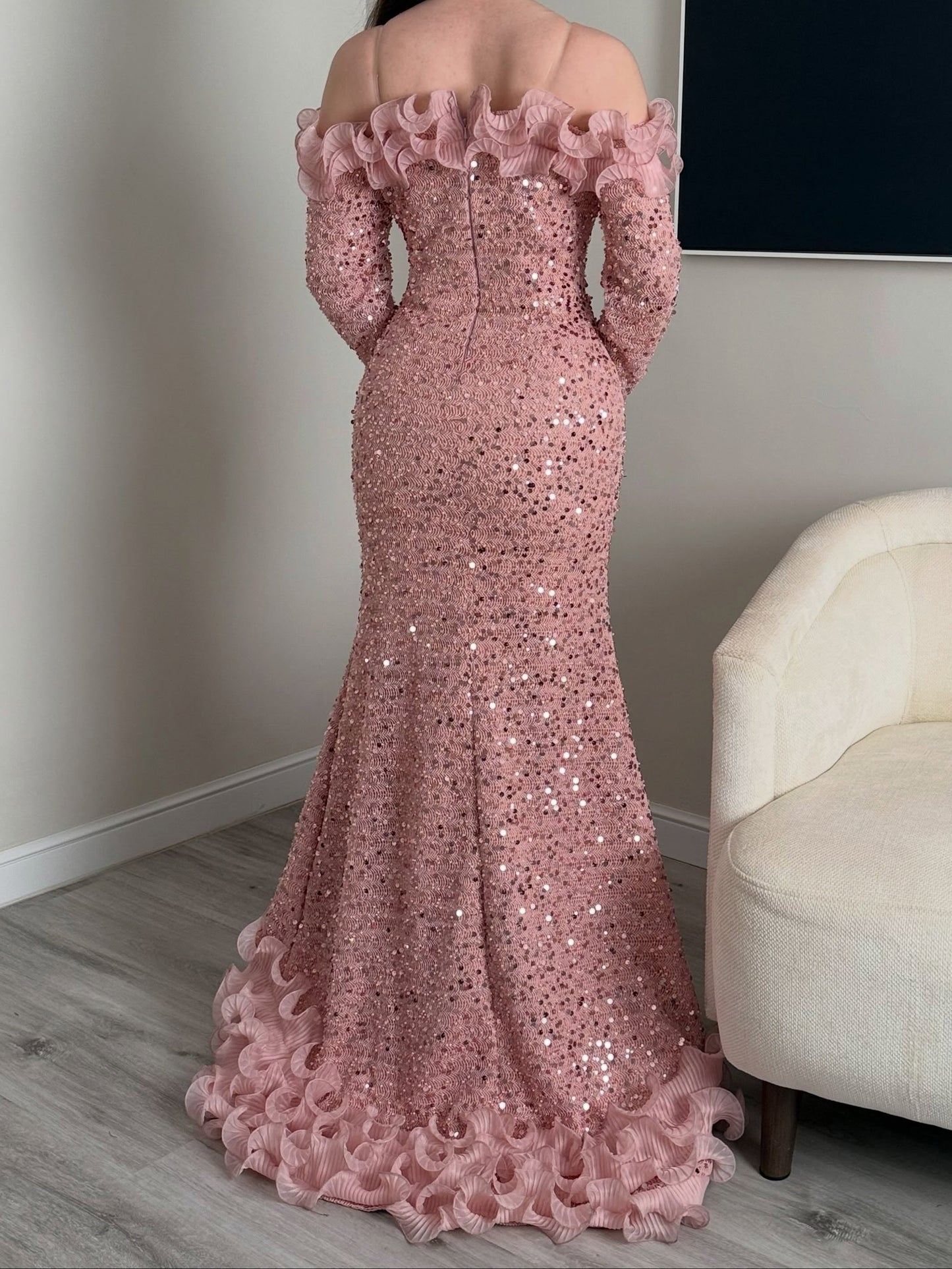 Sequin Off-the-Shoulder Gown with Ruffle Trim