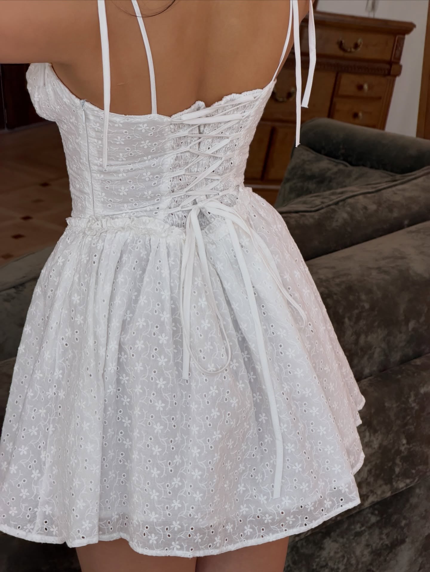 Tie-Strap Eyelet Corset Mini Dress