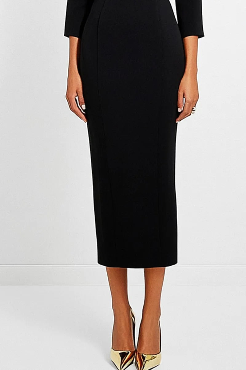 V-Neck Midi Sheath Dress with 3/4 Sleeves
