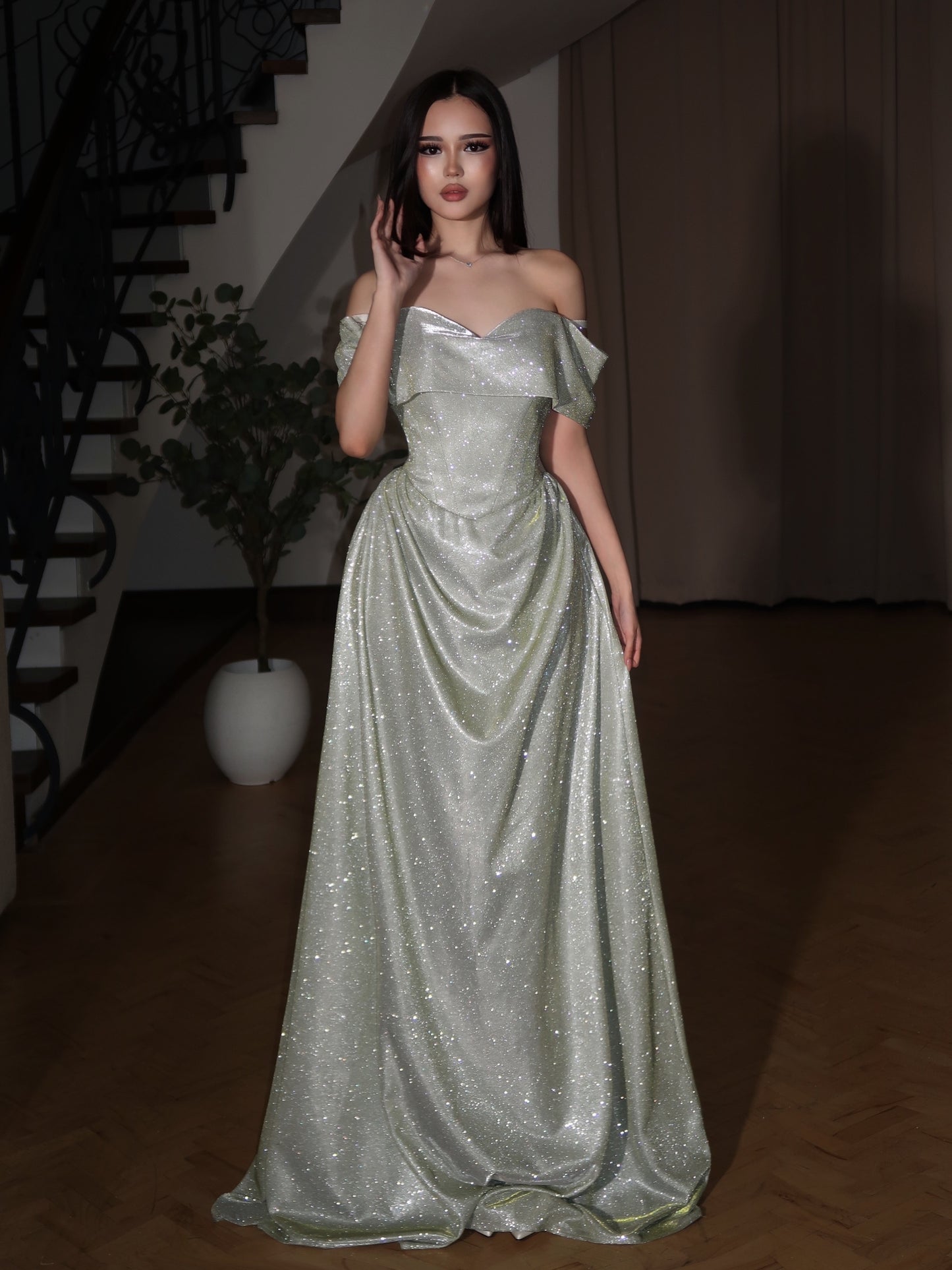 Off-The-Shoulder Corset Glitter Evening Gown