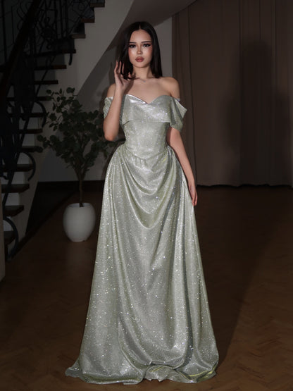 Off-The-Shoulder Corset Glitter Evening Gown