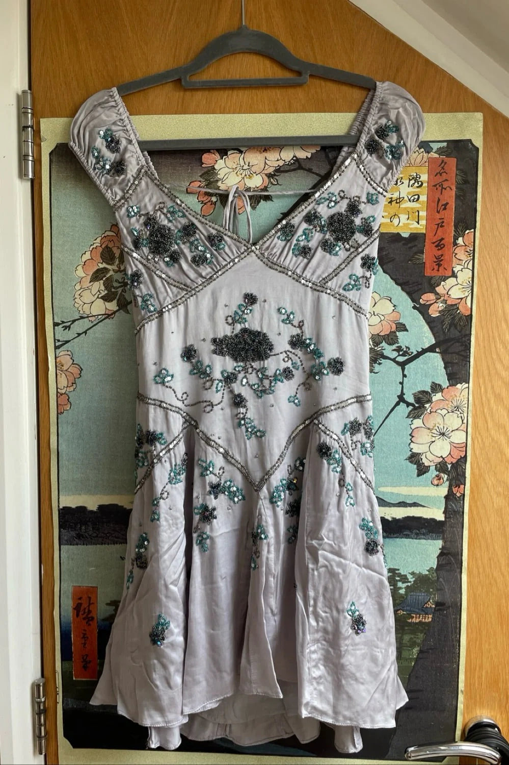 Beaded V-Neck Mini Dress with Cap Sleeves