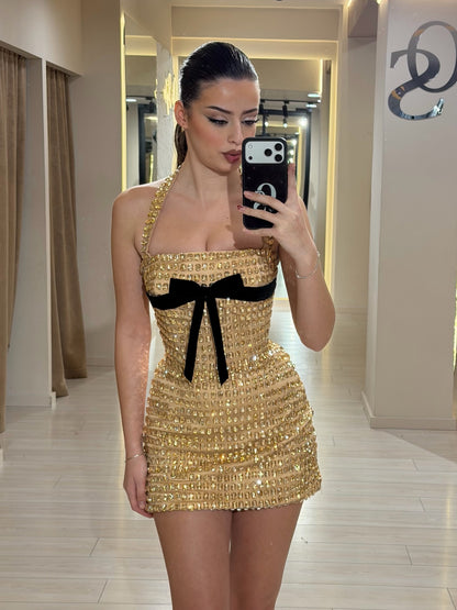 Halter Neck Beaded Corset Mini Dress