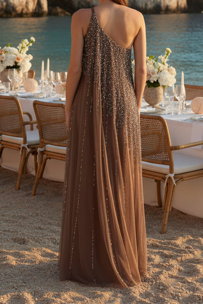 Beaded One-Shoulder A-Line Tulle Evening Gown