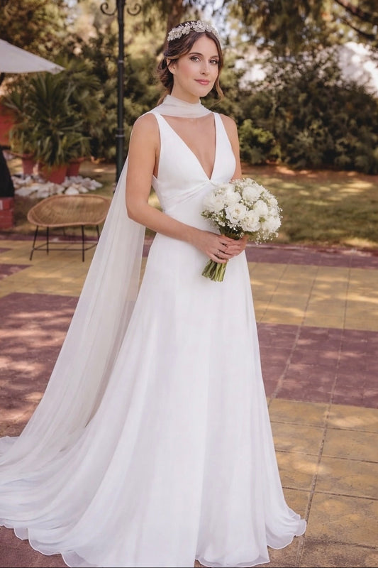 Deep V A-Line Wedding Dress with Neck Scarf