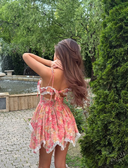 Floral Corset Mini Dress with Lace Trim
