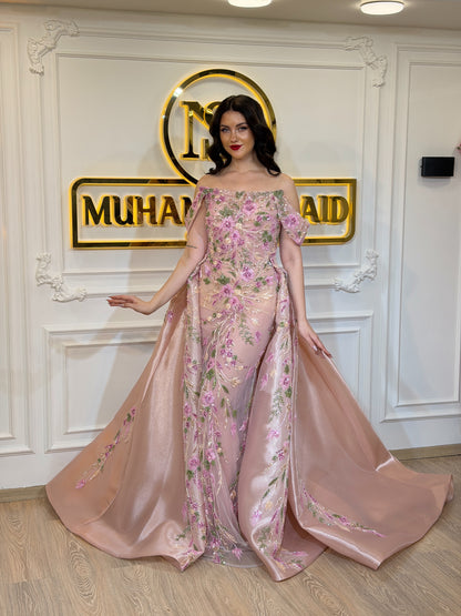 Floral Embroidered Gown with Detachable Overskirt