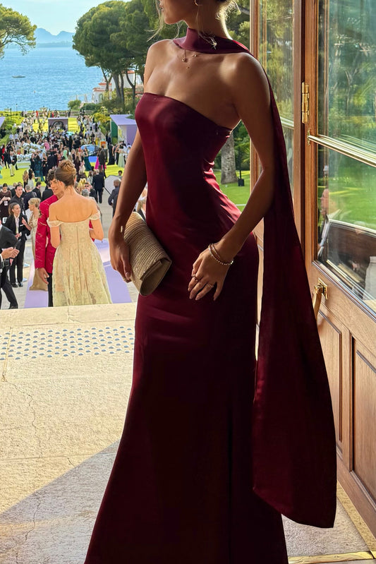 Strapless Satin Column Gown with Draped Scarf Train