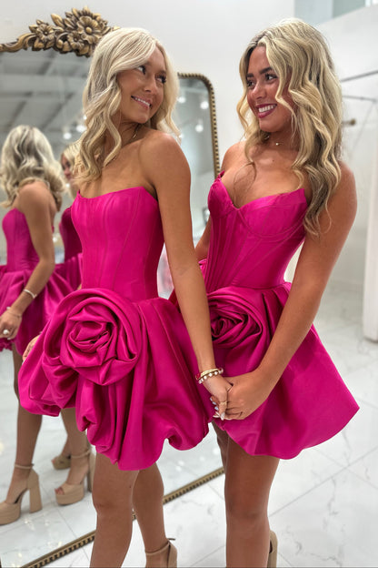 Strapless Corset Bubble Mini Dress with 3D Rose