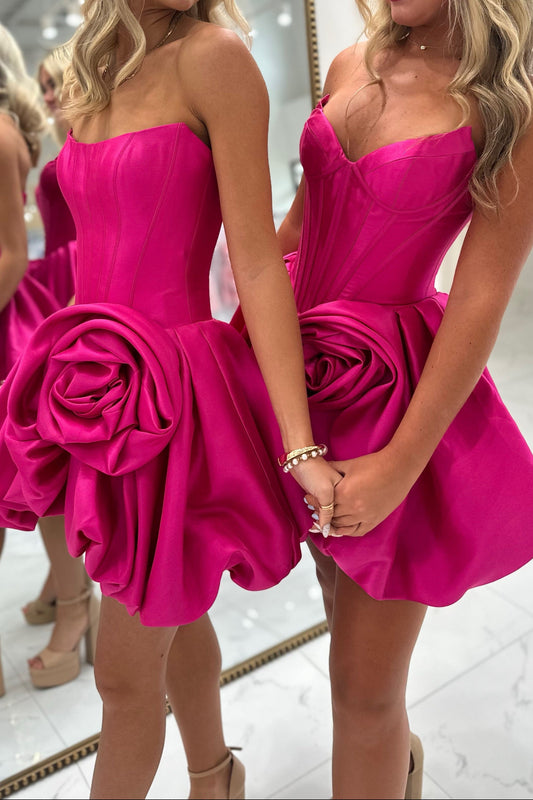 Strapless Corset Bubble Mini Dress with 3D Rose
