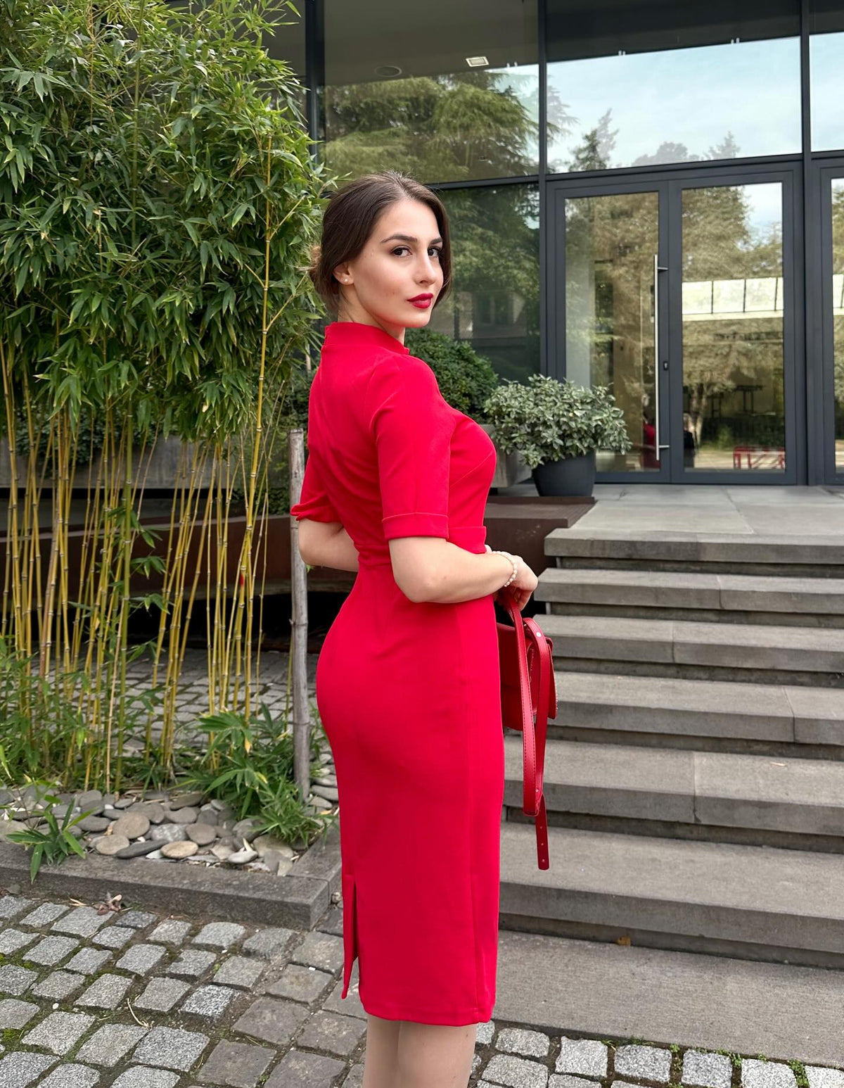 Belted High Neck Midi Sheath Dress with Short Sleeves