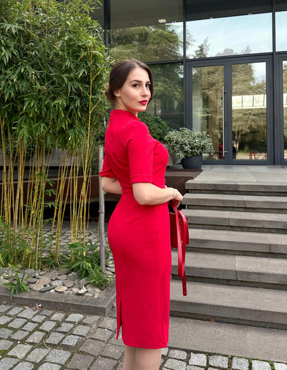 Belted High Neck Midi Sheath Dress with Short Sleeves