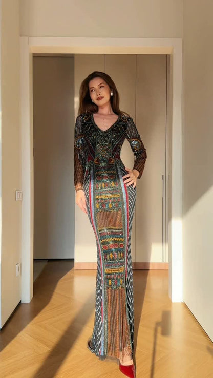 Beaded Long Sleeve V-Neck Maxi Column Dress