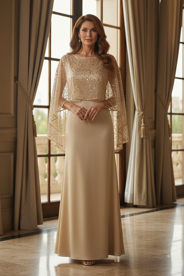 Sequin Cape Floor-Length Formal Evening Gown