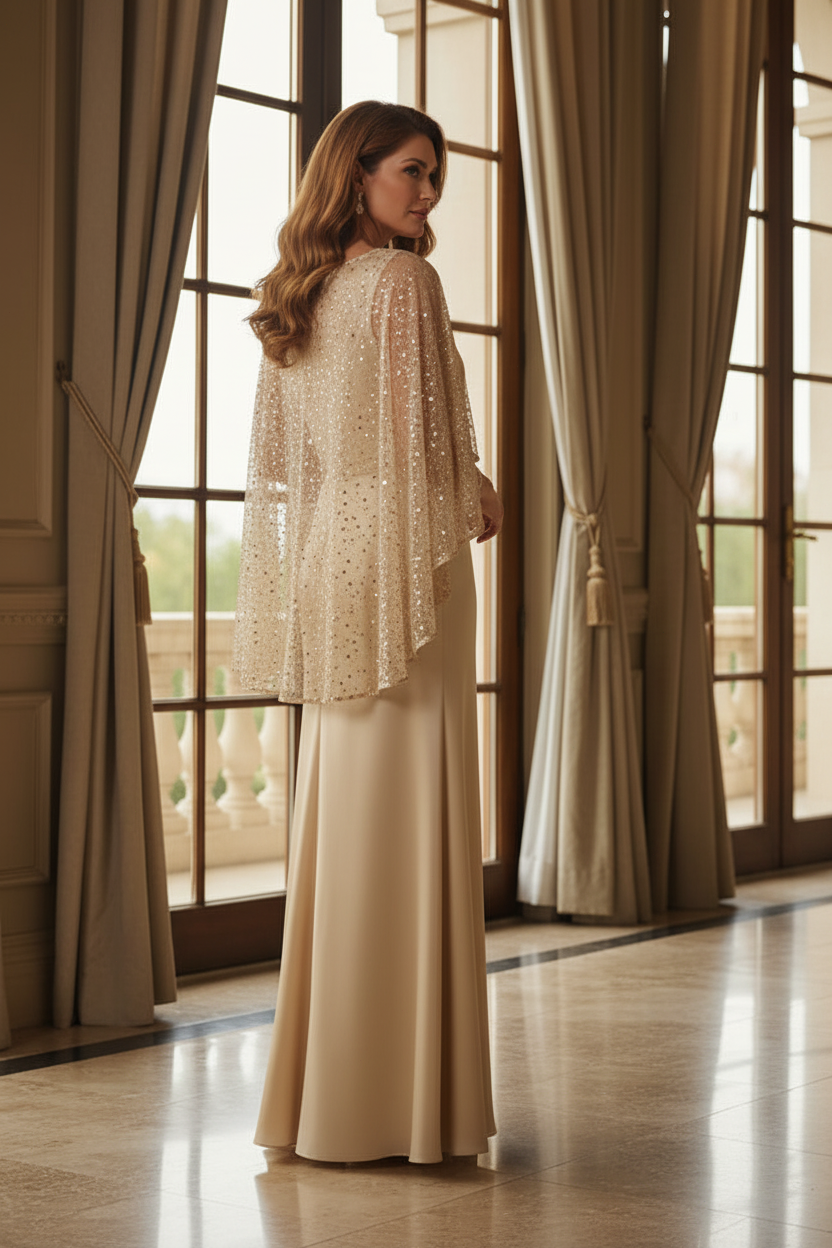 Sequin Cape Floor-Length Formal Evening Gown