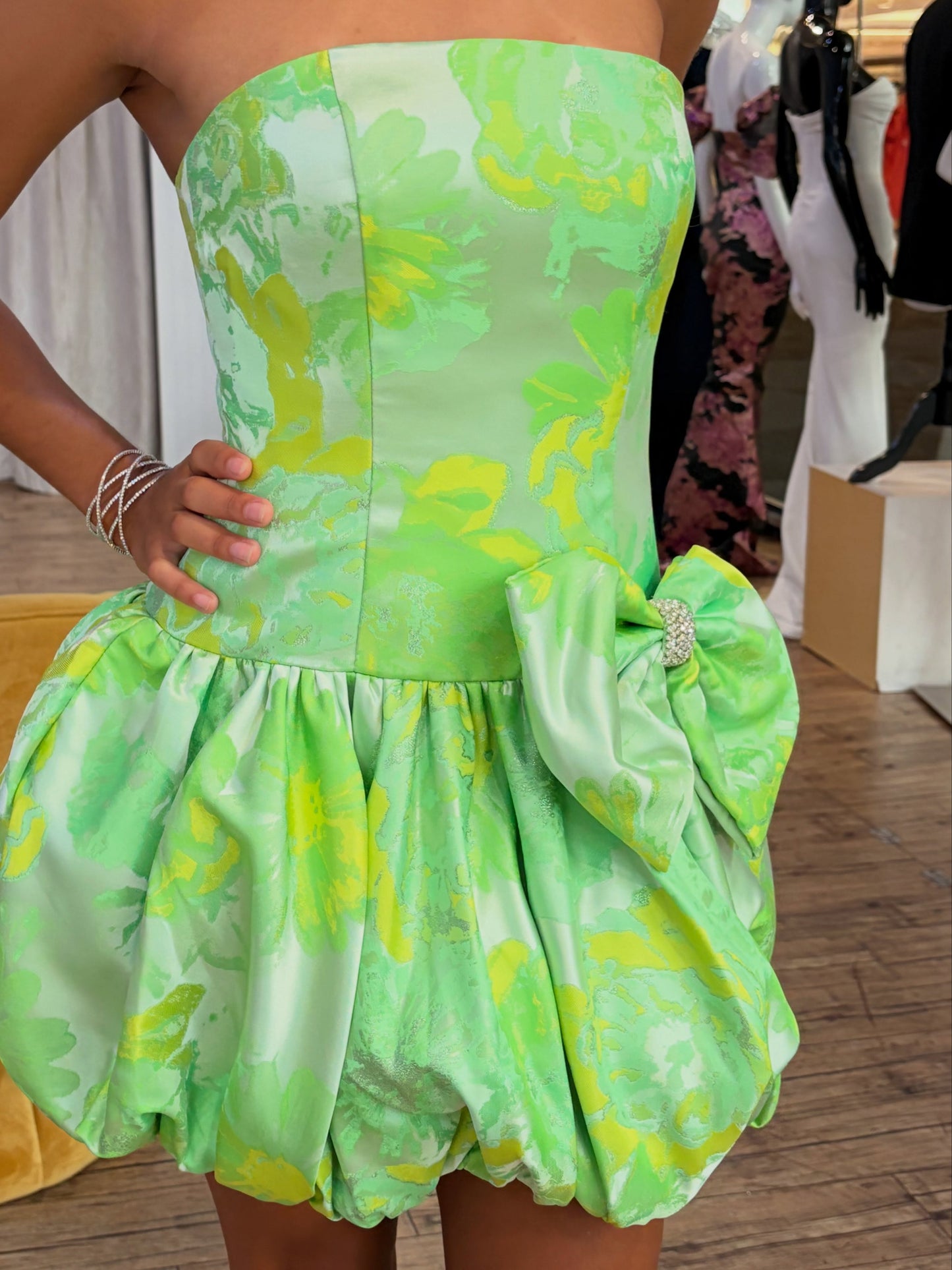 Strapless Floral Bubble Hem Mini Dress with Bow