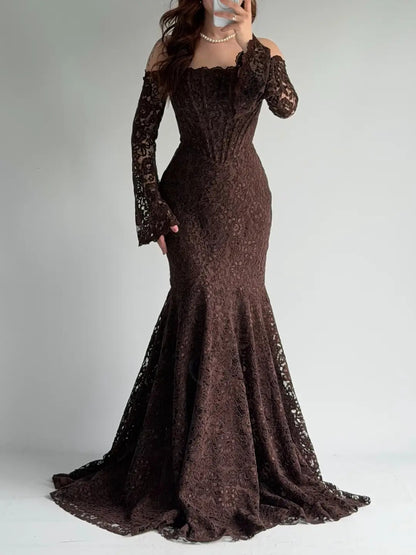 Off-Shoulder Lace Mermaid Gown with Long Sleeves