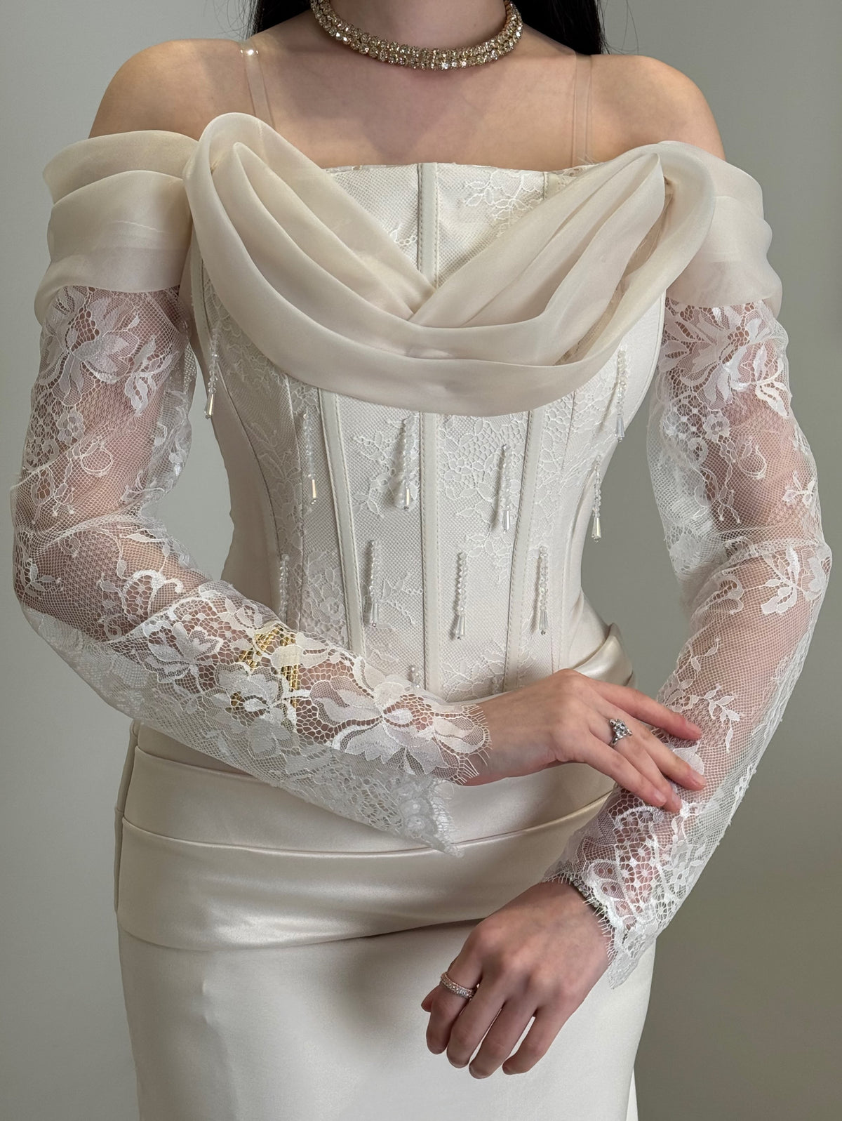 Corset Lace Sleeve Gown with Draped Cowl Neck