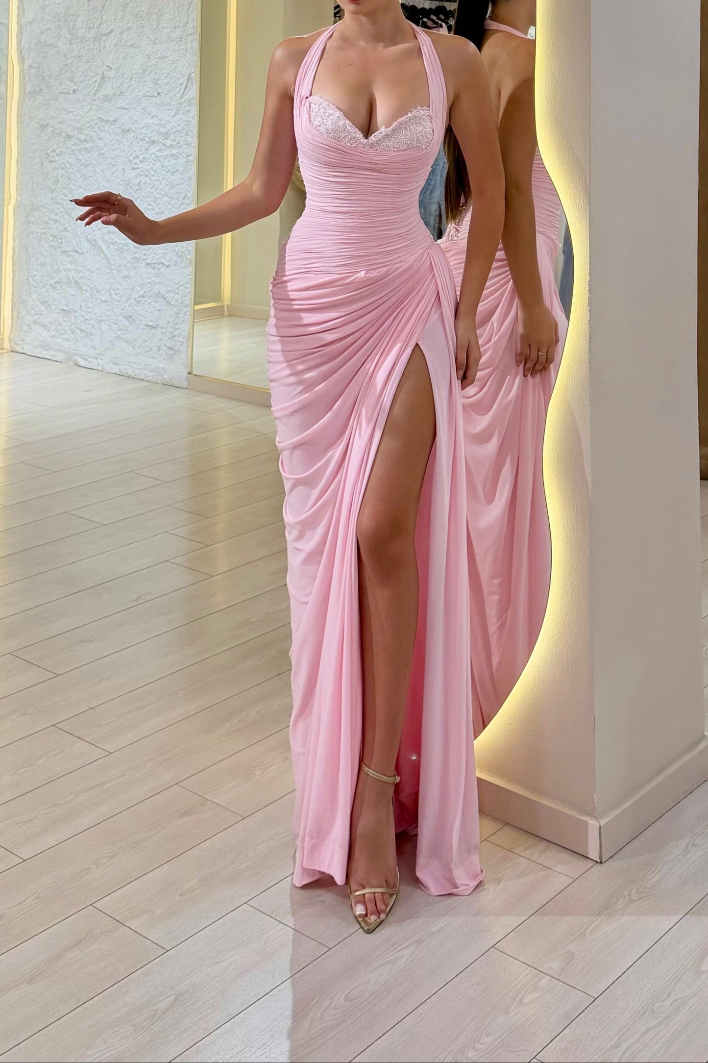 Halter Neck Ruched Evening Gown with High Slit
