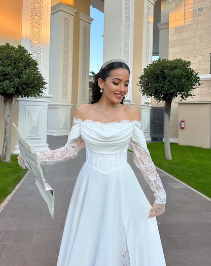 Off-Shoulder Lace Sleeve Wedding Dress
