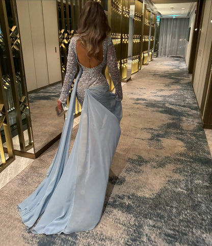 Illusion Long Sleeve Beaded Mermaid Evening Gown