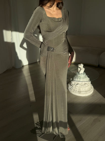 Ruched Long-Sleeve Maxi Dress with Crystal Brooch