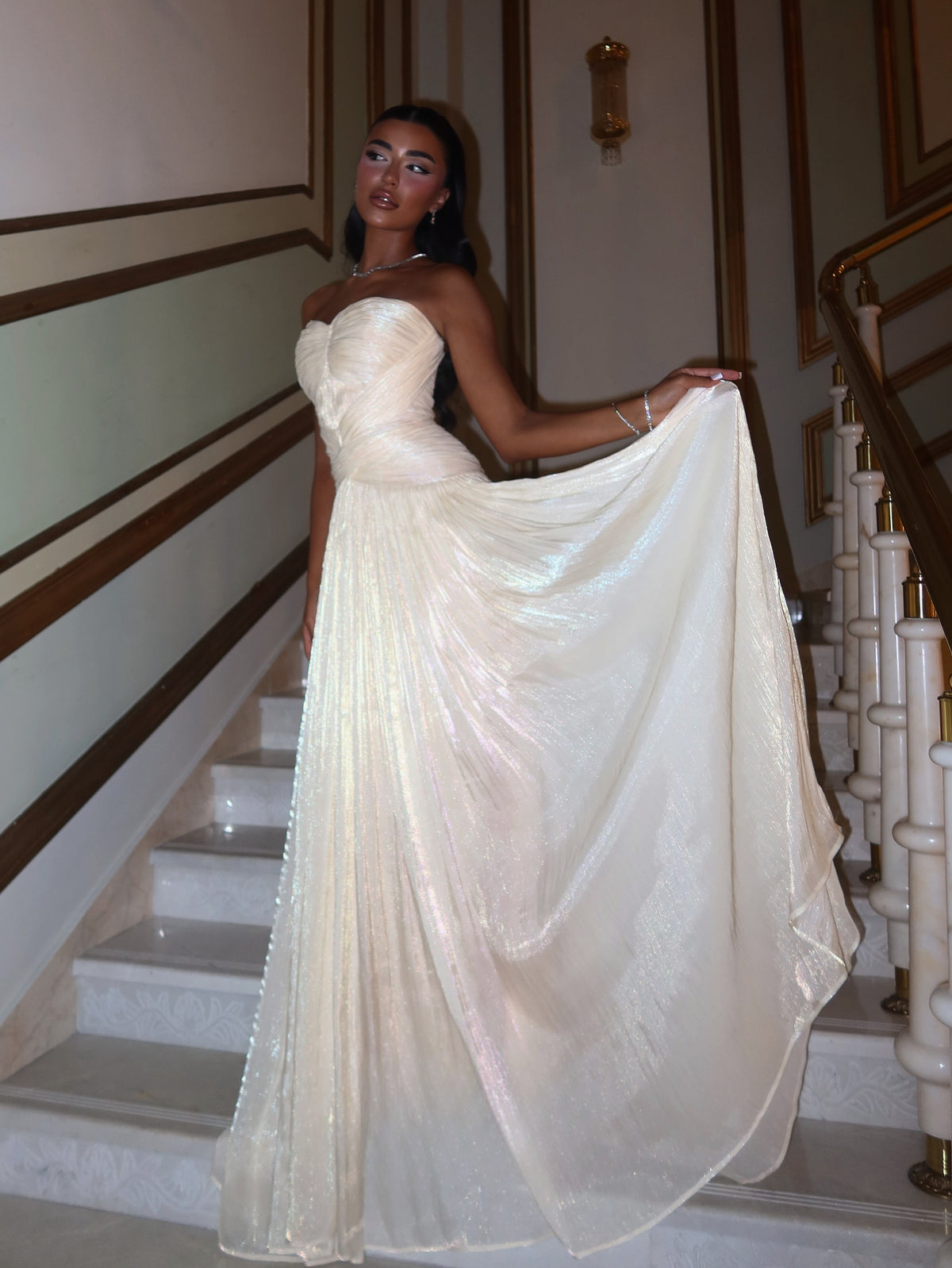 Strapless Ruched Bodice Shimmer Evening Gown