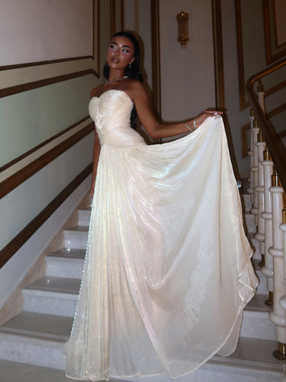 Strapless Ruched Bodice Shimmer Evening Gown