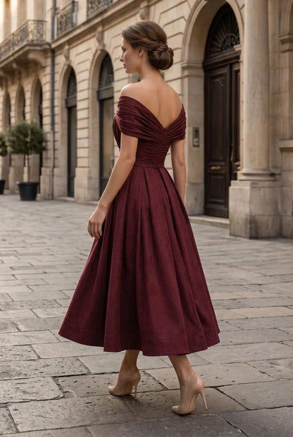 Pleated Off-Shoulder Tea-Length A-Line Dress