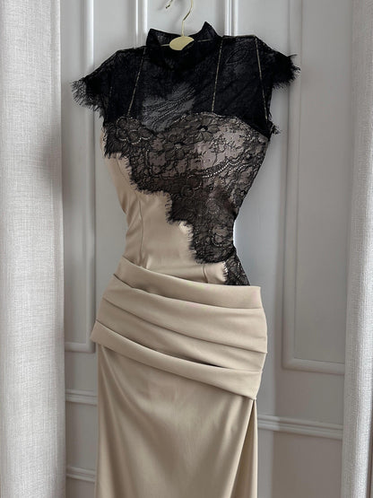 High Neck Lace Bodice Mermaid Evening Gown