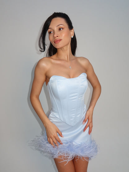 Strapless Corset Mini Dress with Feather Hem