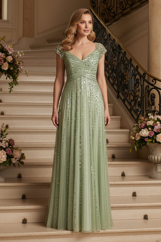Sequined Cap Sleeve V-Neck A-Line Evening Gown