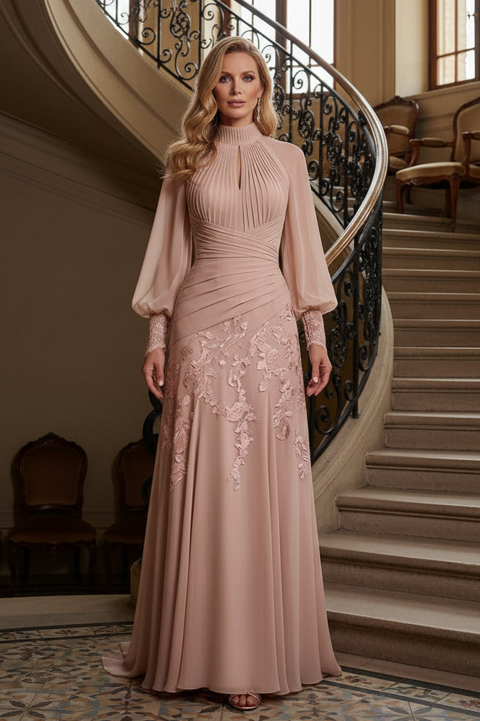 High-Neck Pleated Gown with Lace Appliqués