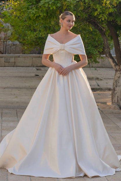 Off-the-Shoulder Satin Ball Gown Wedding Dress