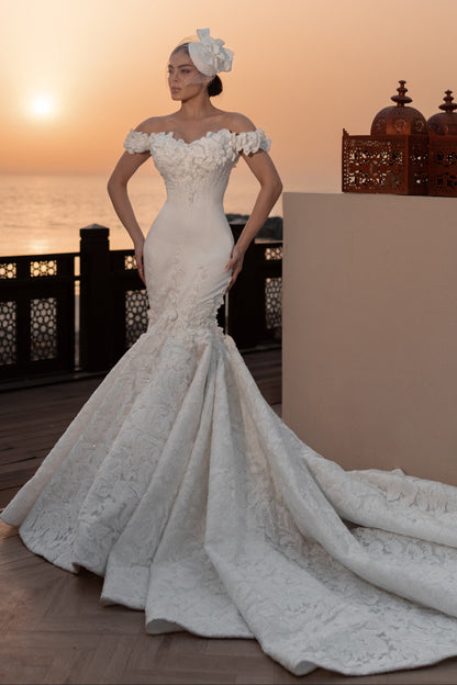 Off-the-Shoulder 3D Floral Mermaid Wedding Dress