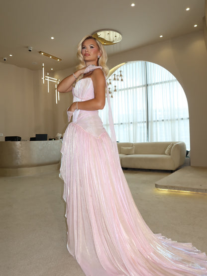 Pleated Corset High-Low Gown with Train
