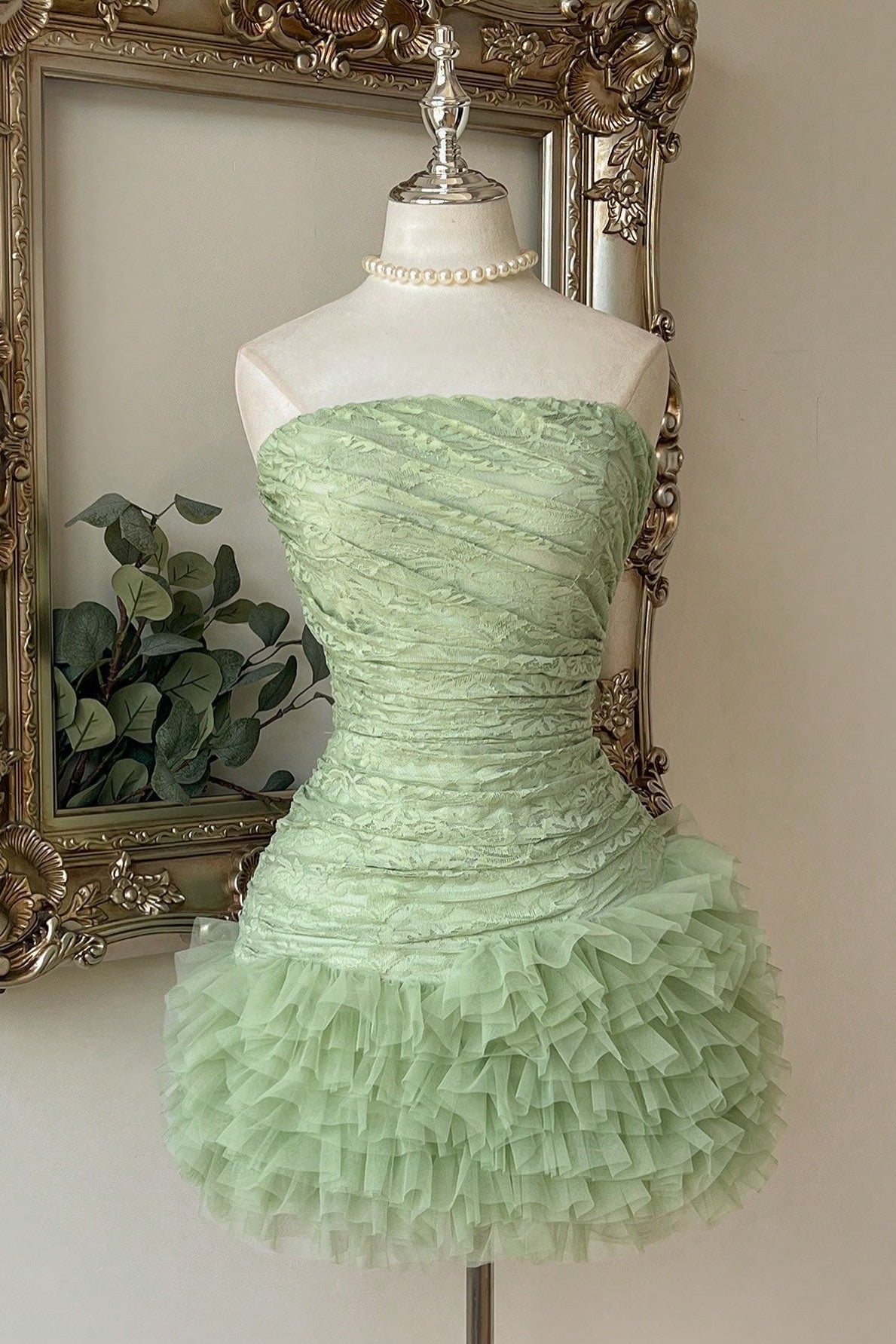 Ruched Strapless Ruffle Mini Dress
