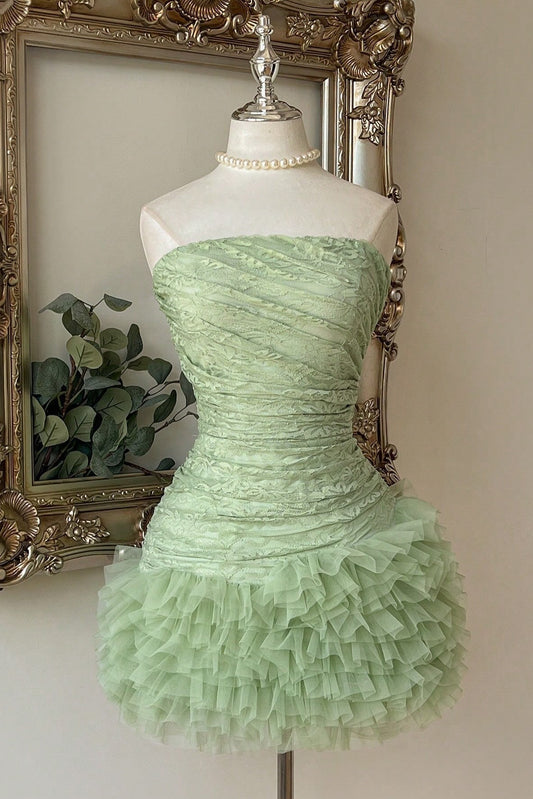 Ruched Strapless Ruffle Mini Dress