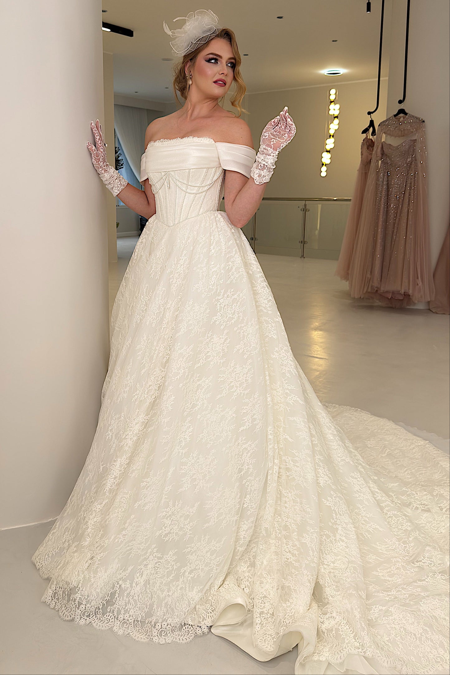 Off-the-Shoulder Lace Corset Ball Gown Wedding Dress
