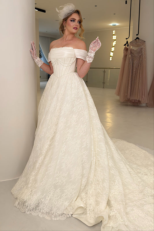Off-the-Shoulder Lace Corset Ball Gown Wedding Dress