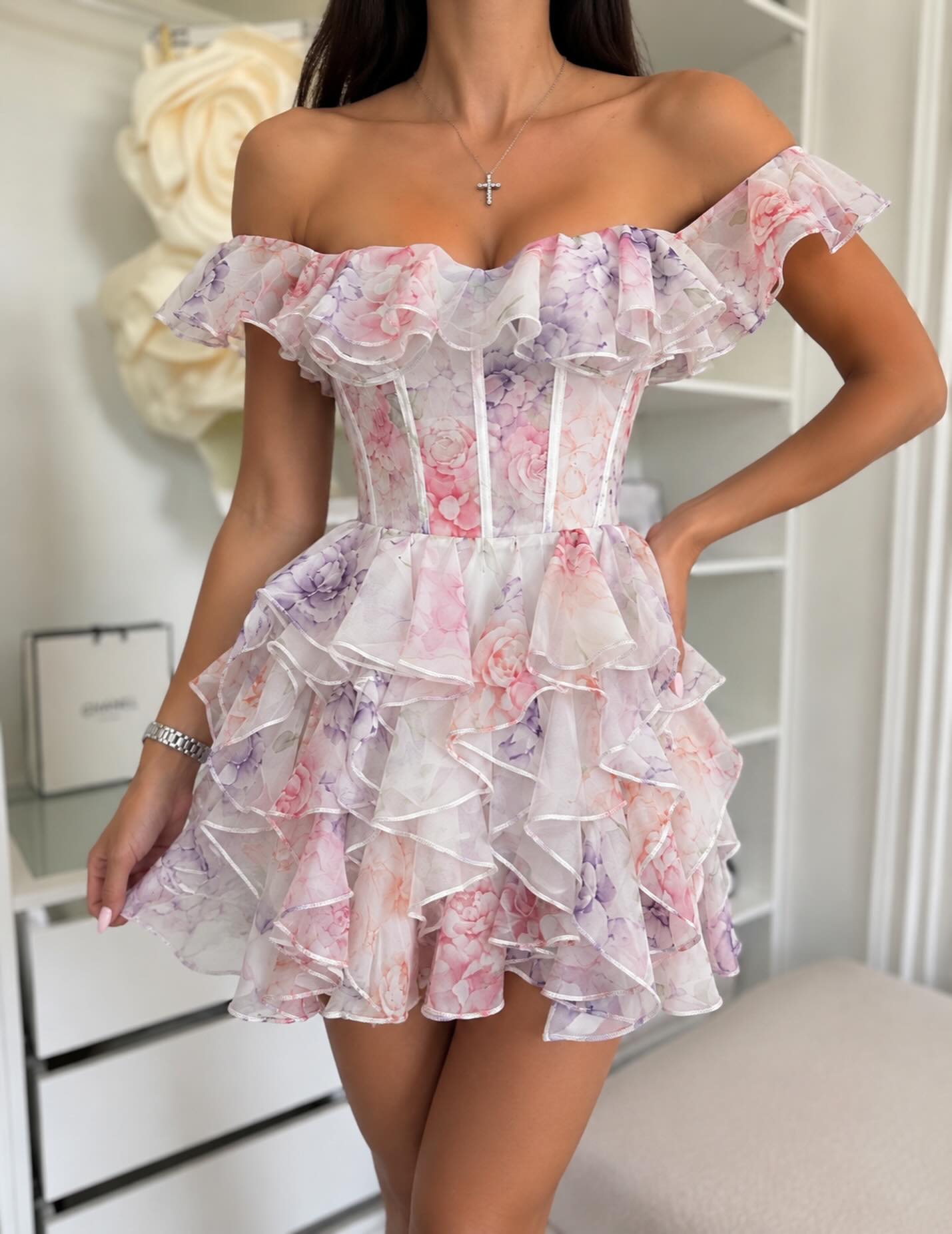 Off-the-Shoulder Floral Corset Mini Dress