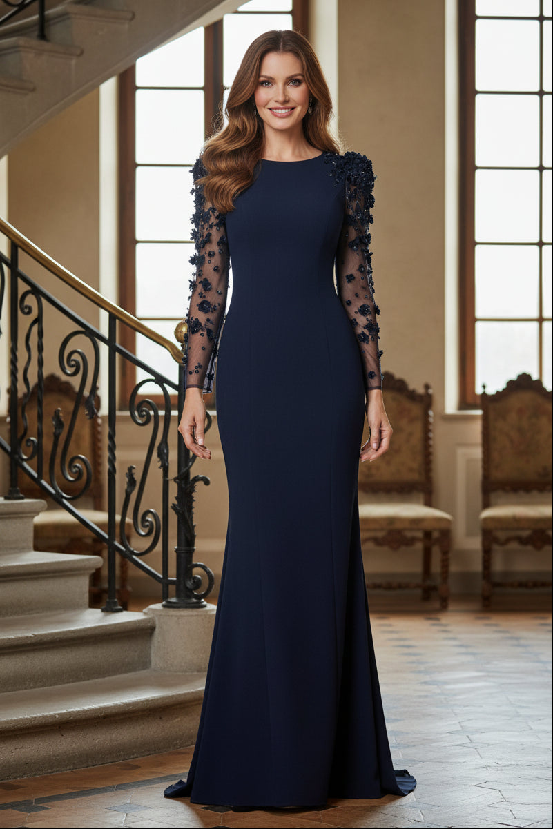 Long Sleeve Gown with 3D Floral Illusion Sleeves