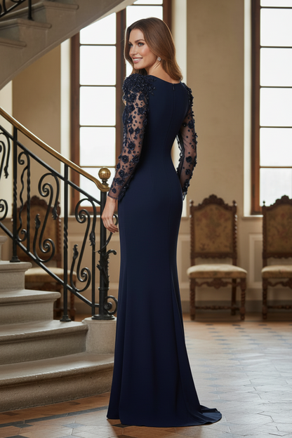 Long Sleeve Gown with 3D Floral Illusion Sleeves