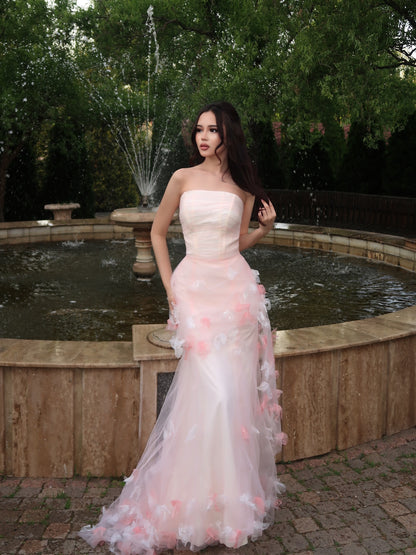 Strapless 3D Floral Tulle Mermaid Prom Gown