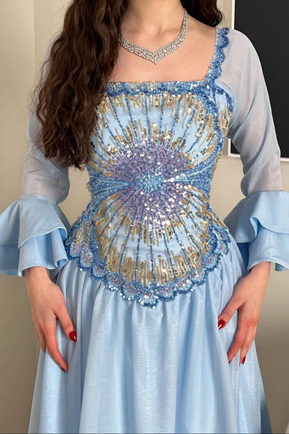 Sequin Bodice Midi Dress with Tiered Bell Sleeves