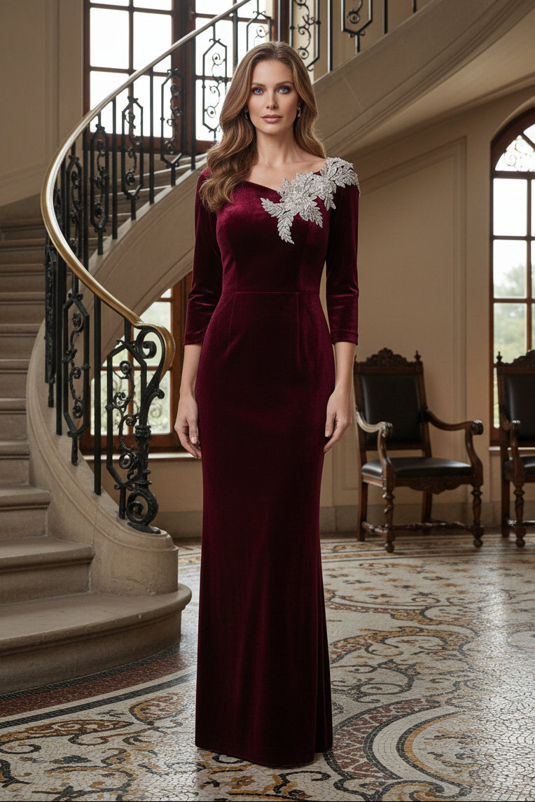 Embellished Velvet Column Gown with 3/4 Sleeves