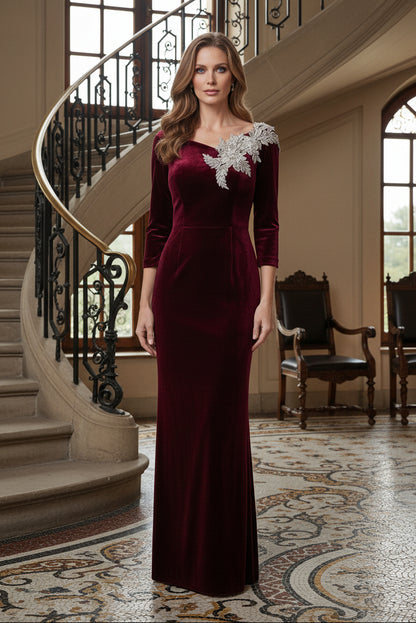 Embellished Velvet Column Gown with 3/4 Sleeves