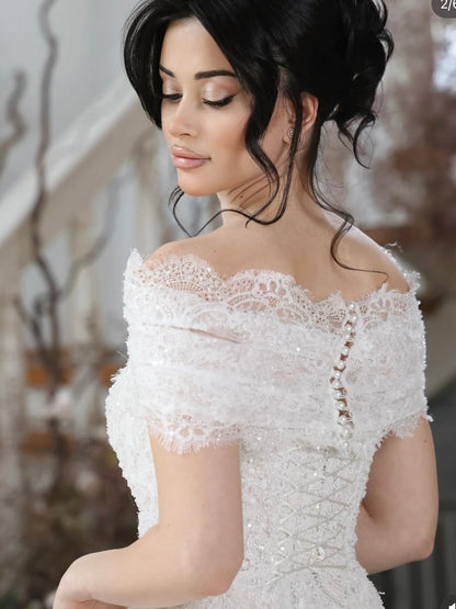 Off-the-Shoulder Sequin Lace A-Line Wedding Dress