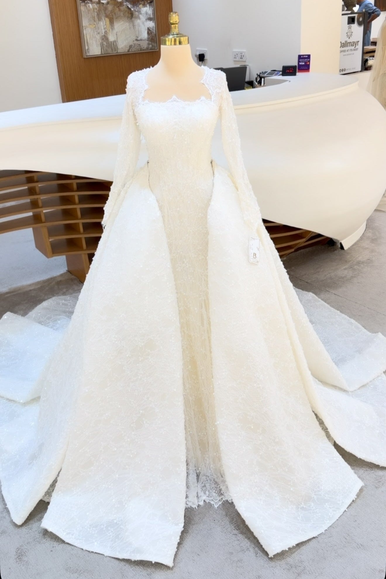 Square Neck Long Sleeve Wedding Dress with Overskirt