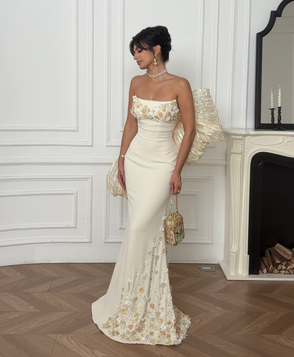Strapless Floral Applique Gown with Statement Back